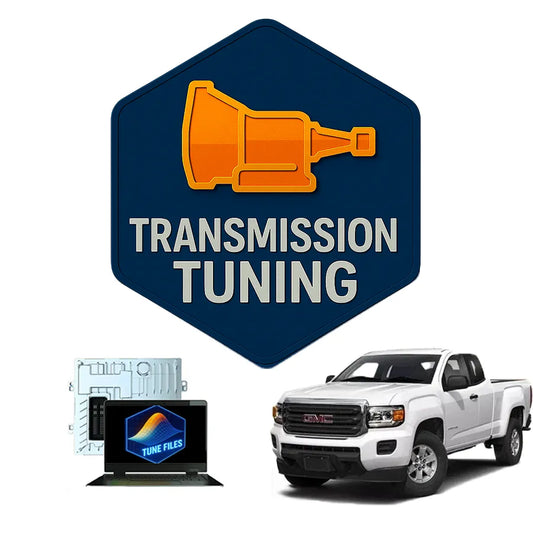 Digital transmission tune files for GM Duramax LWN 2.8L (2016-2022), as indicated by the 'TRANSMISSION TUNING' logo, laptop and GMC truck. This product offers improved shifting and gearbox optimization.