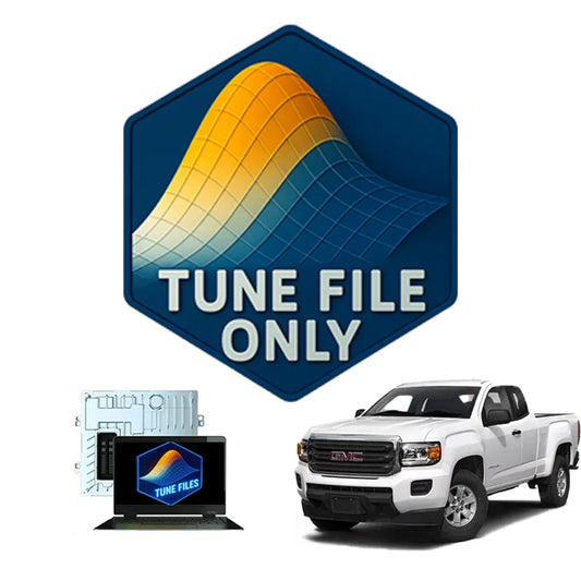 Image showing a 'TUNE FILE ONLY' logo above a laptop displaying 'TUNE FILES' and an ECU. A white GMC Canyon or Colorado pickup truck is also visible. This represents GM Duramax LWN 2.8L Delete Tune files for 2016-2022 models, indicating a file-only solution for engine tuning.