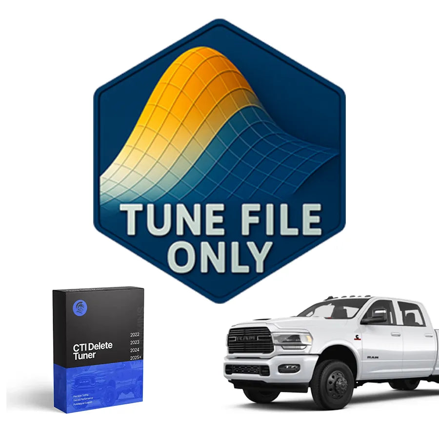 Tune file solution for 2022 or later Cummins 6.7L trucks, including CTI Delete Tuner support, as depicted by the 'TUNE FILE ONLY' emblem and a modern Ram truck.